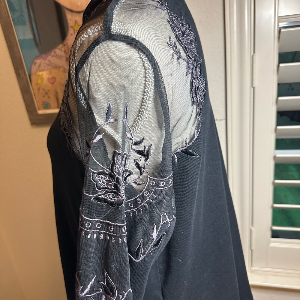 Free People Daniella Black Sweater with Mesh Embroidered Shoulders • S - Picture 6 of 15
